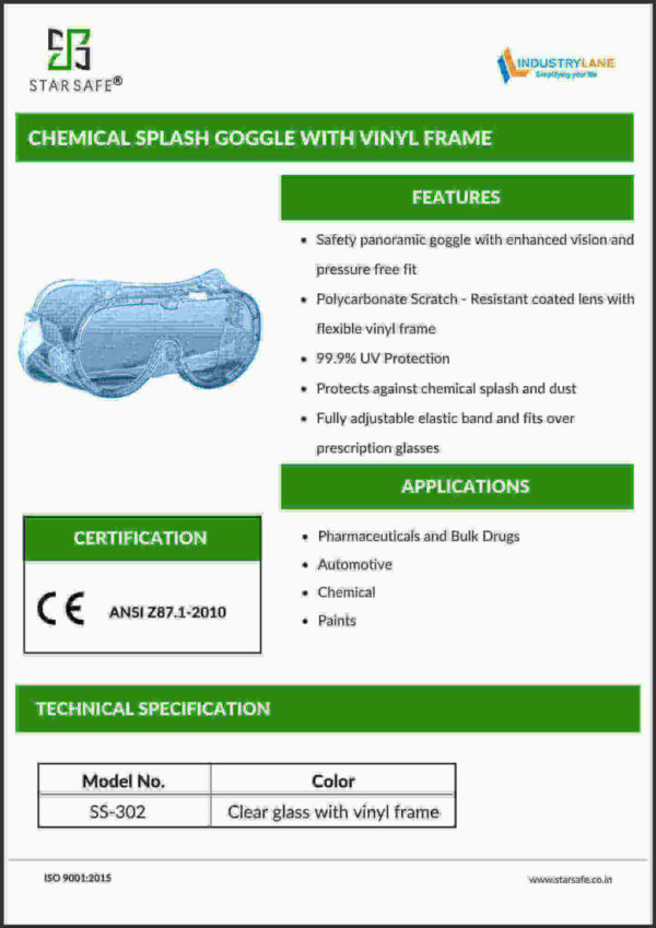 CHEMICAL SPLASH GOGGLE WITH VINYL FRAME