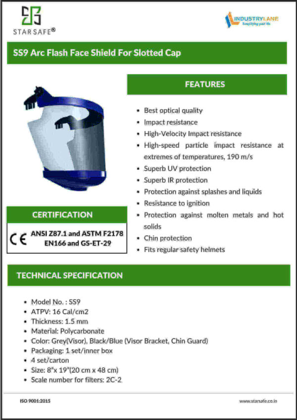 SS9 Arc Flash Face Shield For Slotted Cap